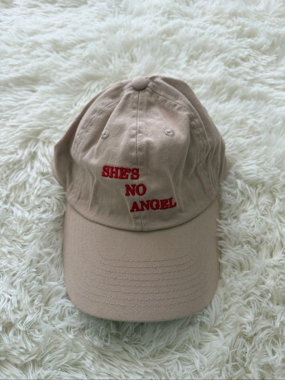 She’s no angel tan and red champion Baseball cap